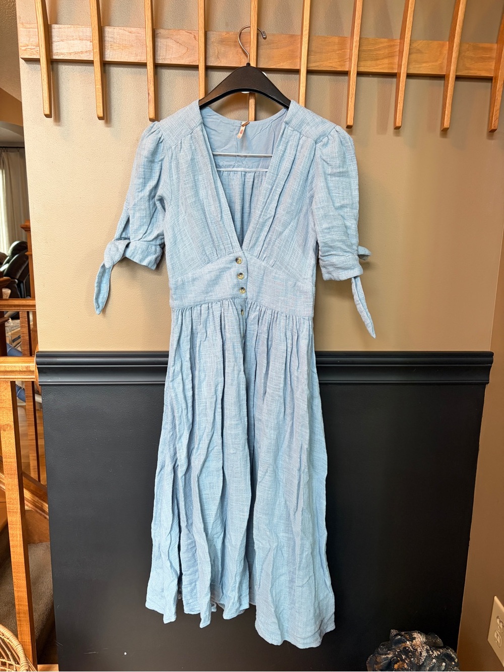 Free People Powder Blue V-Neck Midi Dress with Tie Sleeves Size XS